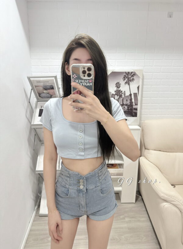 方領排扣短版短袖上衣 T恤